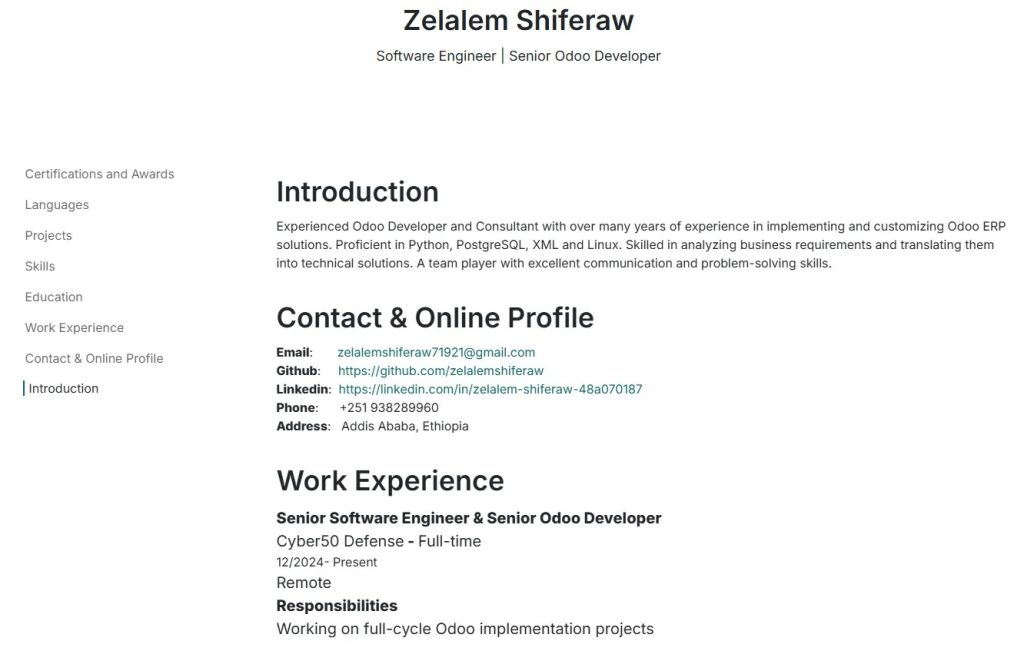 Resume of Full-Cycle Senior Odoo Consultant