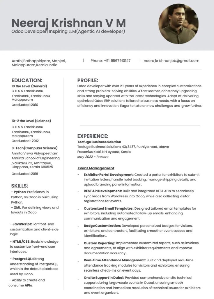 Resume of Integration-Focused Mid-Level Odoo Developer