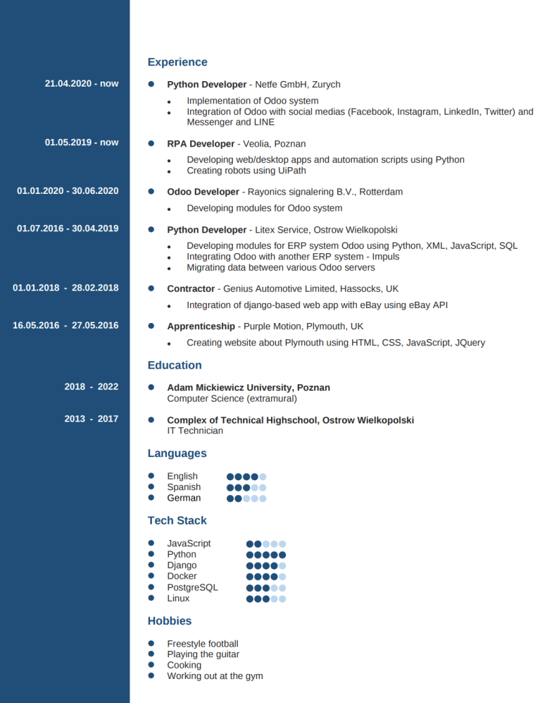 Resume of Integration & Multi-Stack Mid-Level Odoo Developer