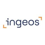Ingeos logo: blue wordmark with orange corner brackets at the top-right and bottom-left.