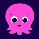 Cartoon pink octopus with big eyes and a small smile on a dark purple background, friendly and playful.