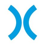 Abstract blue crescent shapes facing away from each other on a white background, forming a symmetric logo.